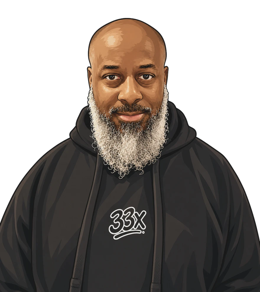 Illustration of Jalal Wright in a 33X hoodie