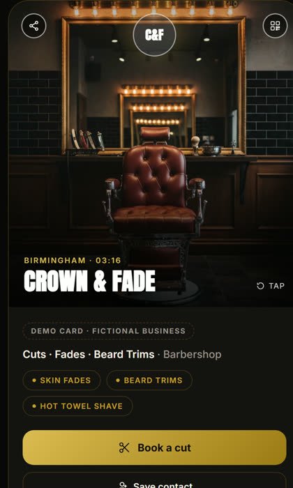 Demo card for a fictional barbershop
