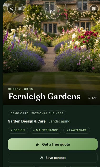 Demo card for a fictional gardener