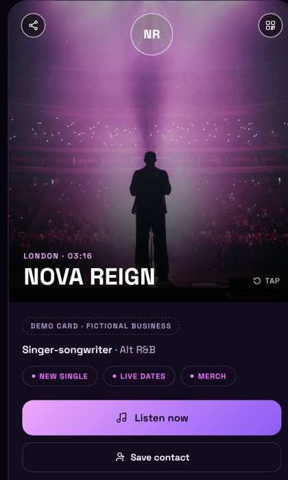 Demo card for a fictional music artist